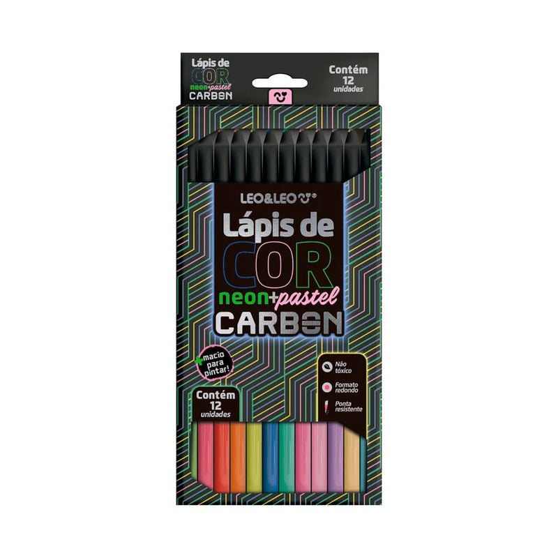 Lápis De Cor Carbon 12 Cores Neon + Pastel Redondo Leo&Leo