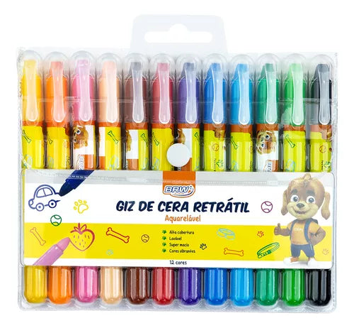 Giz De Cera Retrátil Aquarelável 12 Cores - Brw